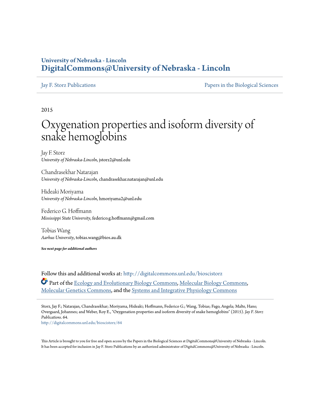 Oxygenation Properties and Isoform Diversity of Snake Hemoglobins Jay F