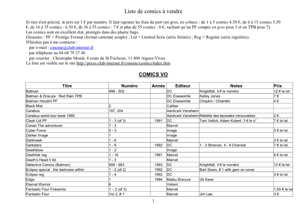 Liste De Comics À Vendre