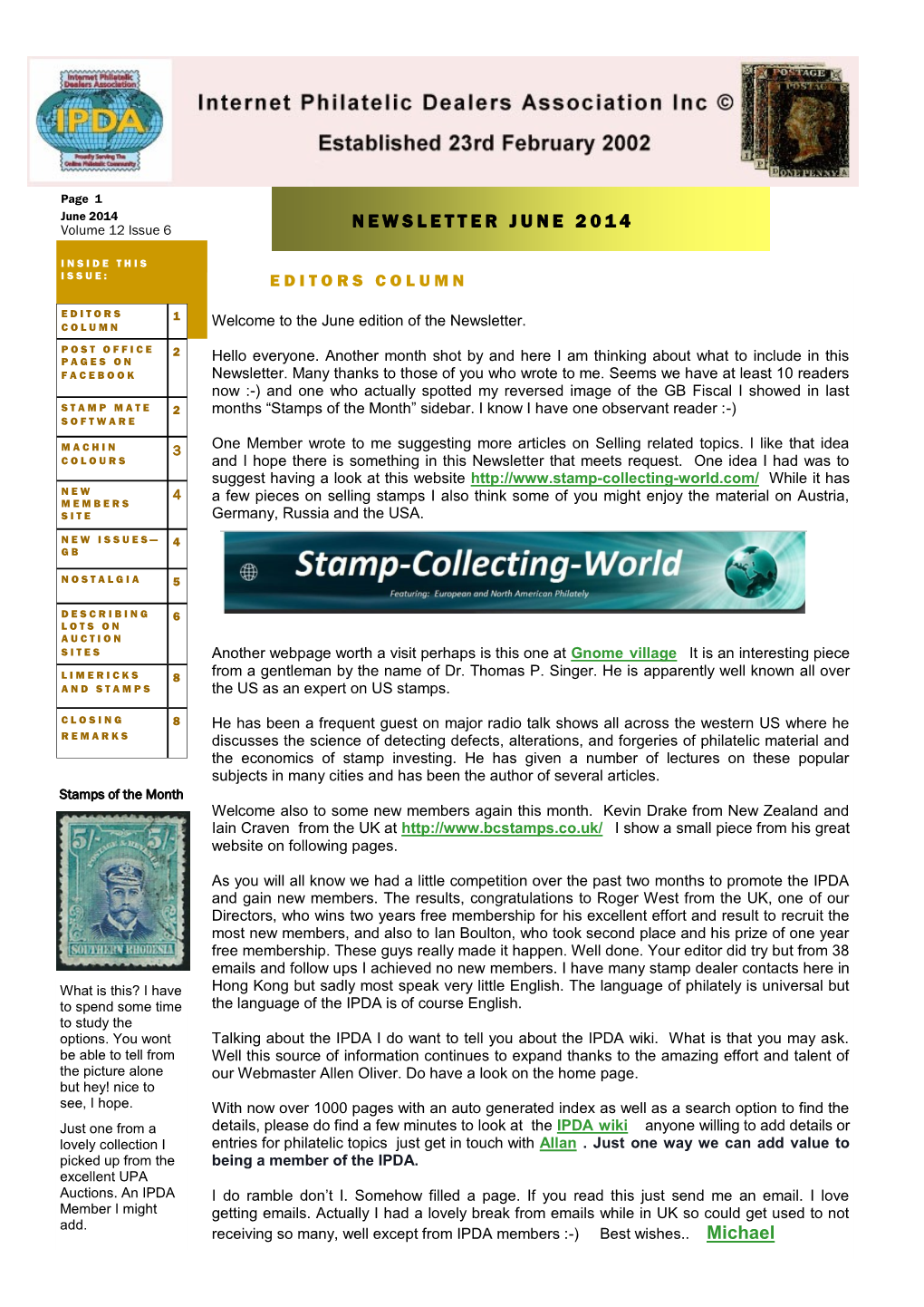 Michael Page 2 June 2014 NEWSLETTER JUNE 2014 Volume 12 Issue 6