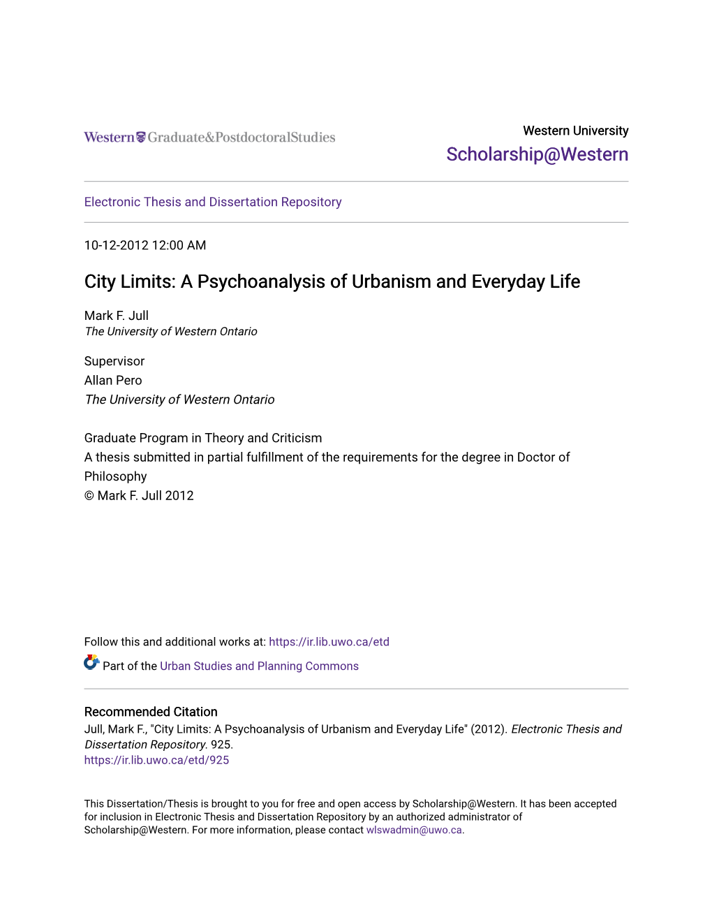 City Limits: a Psychoanalysis of Urbanism and Everyday Life