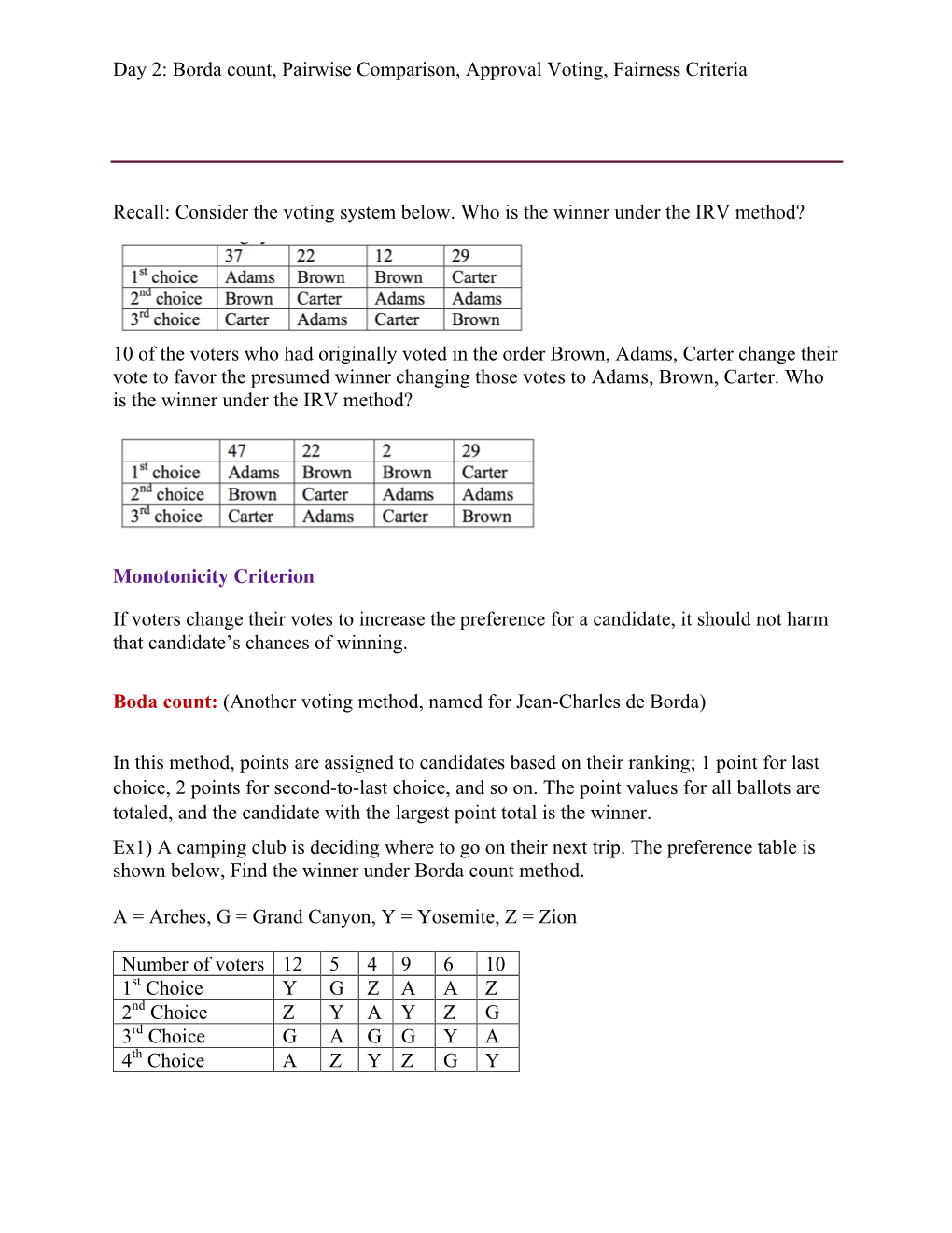 Borda Count, Pairwise Comparison, Approval Voting, Fairness Criteria