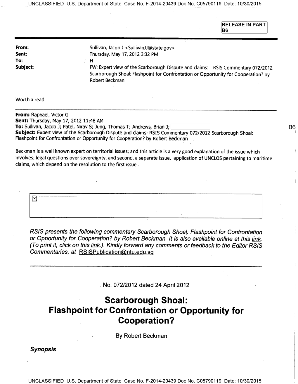 Scarborough Shoal: Flashpoint for Confrontation Or Opportunity for Cooperation? by Robert Beckman