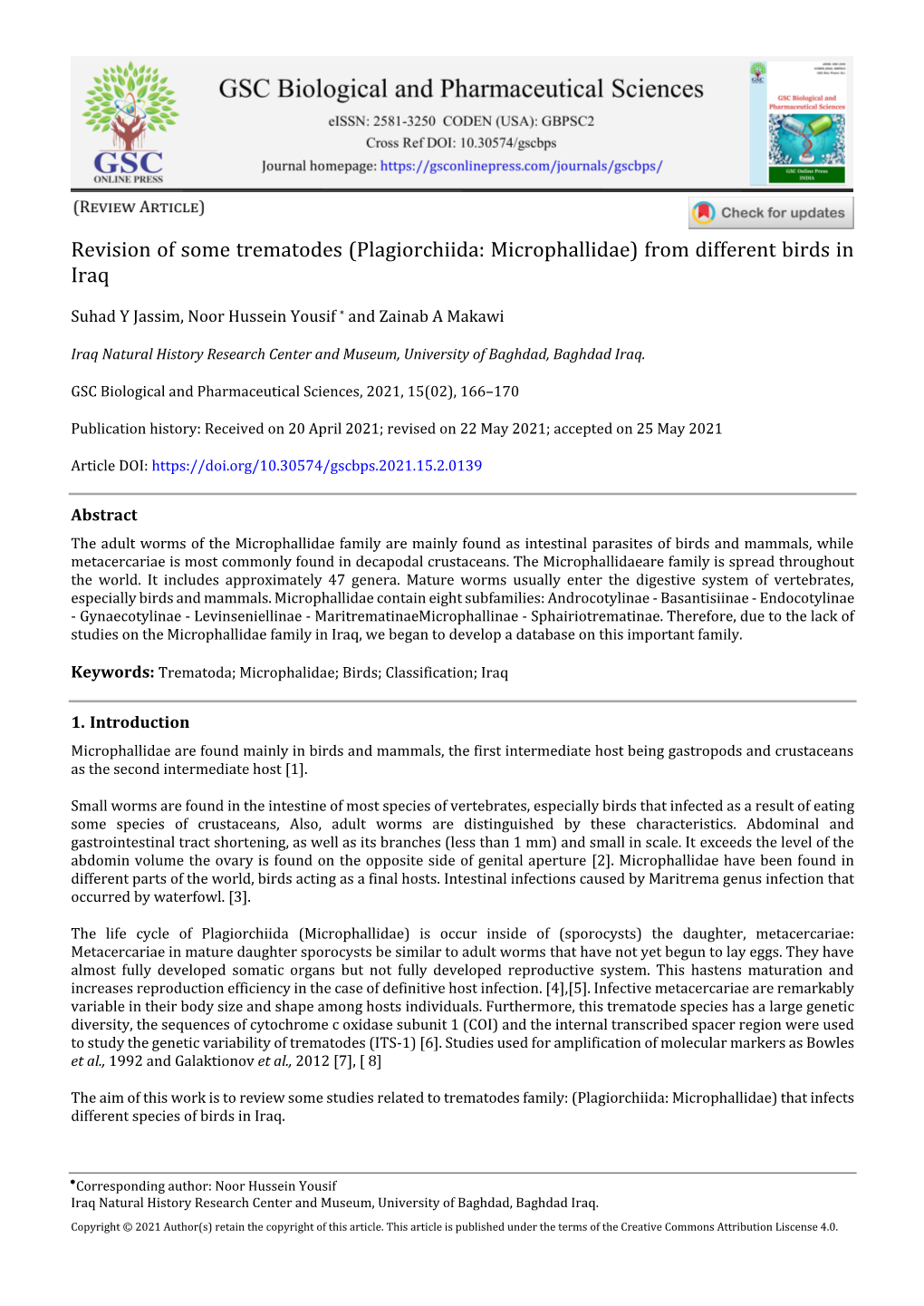 Revision of Some Trematodes (Plagiorchiida: Microphallidae) from Different Birds in Iraq