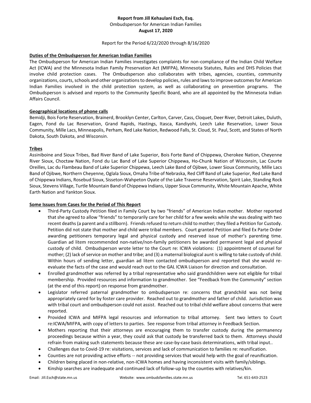 Report from Jill Kehaulani Esch, Esq. Ombudsperson for American Indian Families August 17, 2020