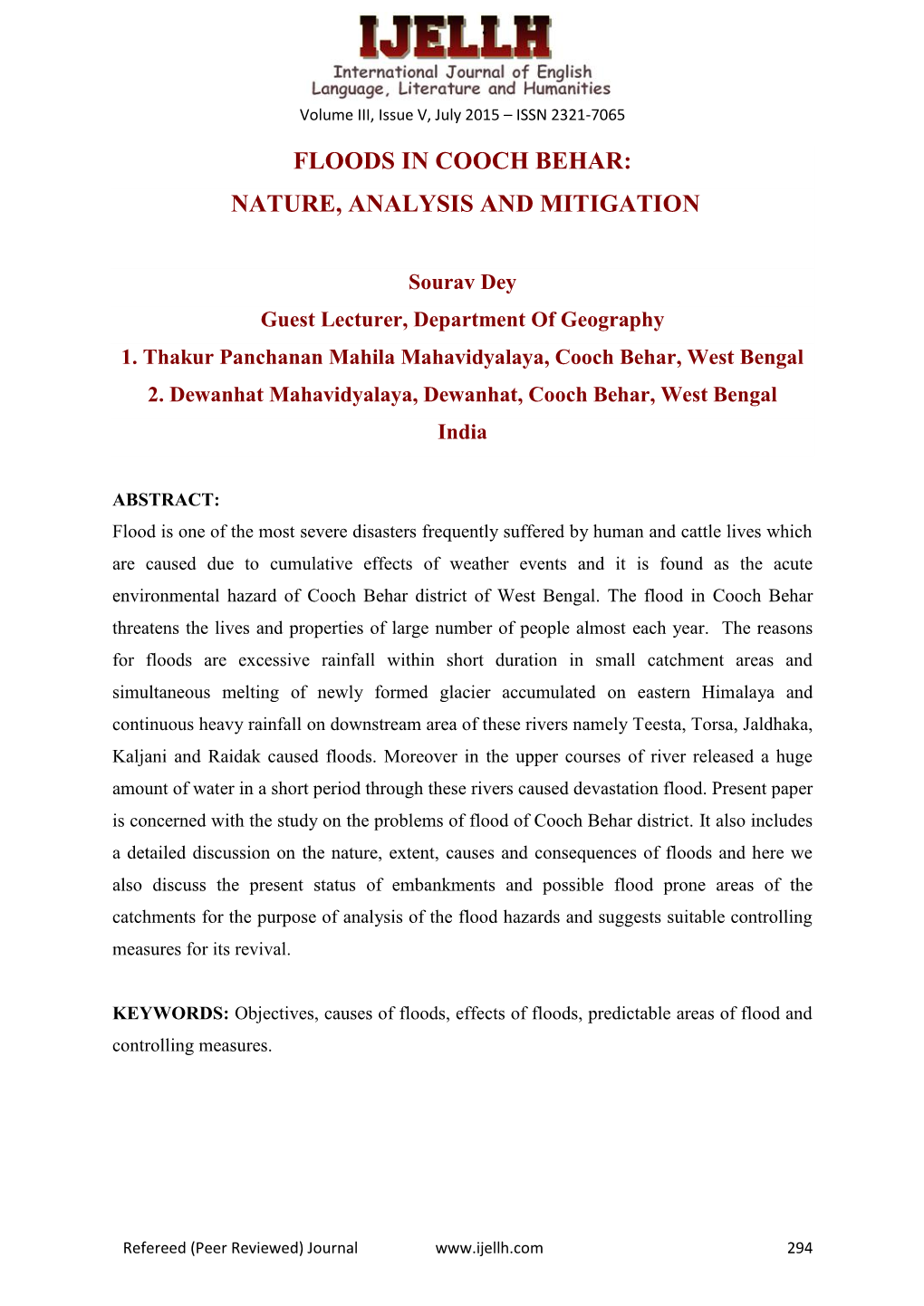 Floods in Cooch Behar: Nature, Analysis and Mitigation