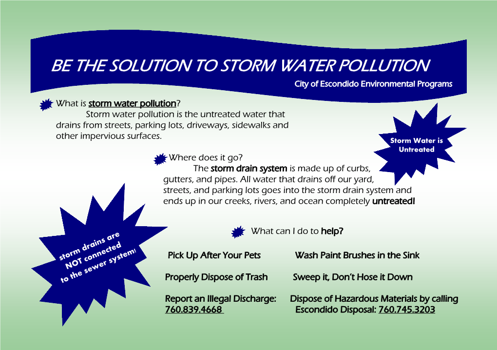 BE the SOLUTION to STORM WATER POLLUTION City of Escondido Environmental Programs