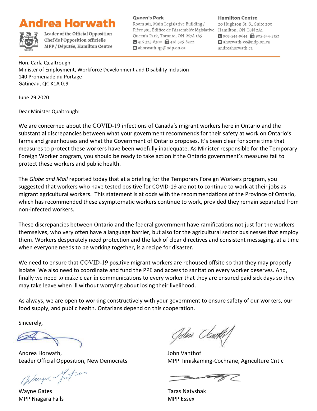 Letter to Minister Qualtrough