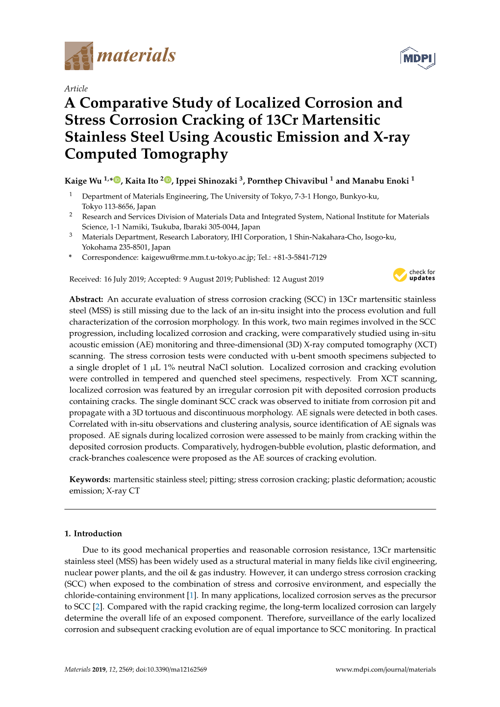 A Comparative Study of Localized Corrosion and Stress Corrosion Cracking of 13Cr Martensitic Stainless Steel Using Acoustic Emission and X-Ray Computed Tomography