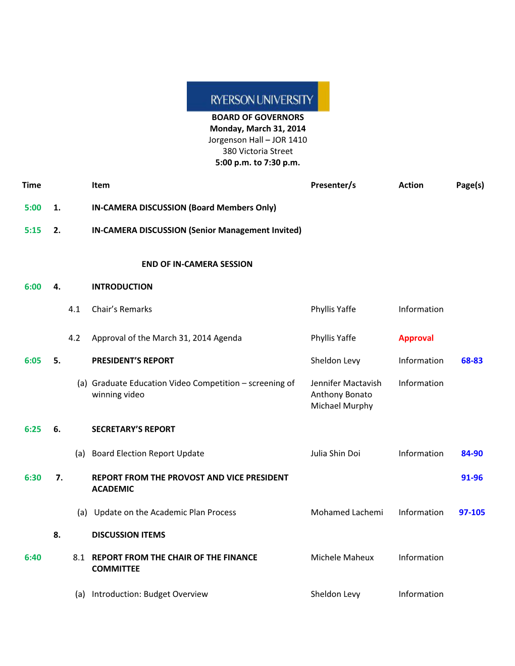 BOARD of GOVERNORS Monday, March 31, 2014 Jorgenson Hall – JOR 1410 380 Victoria Street 5:00 P.M