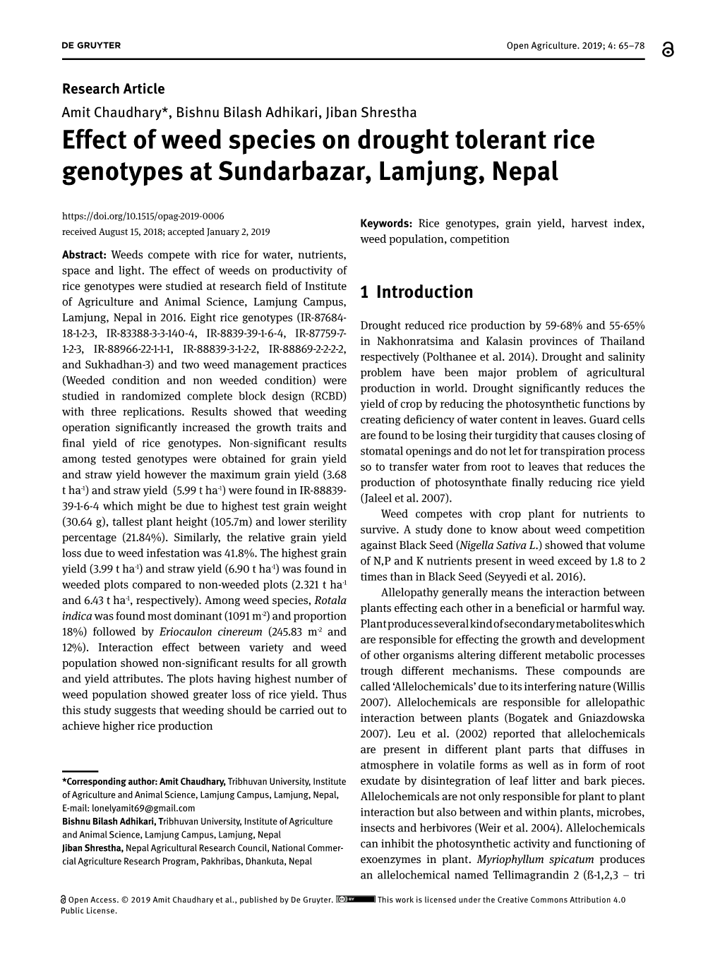 Effect of Weed Species on Drought Tolerant Rice Genotypes At