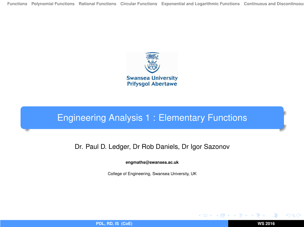 Engineering Analysis 1 : Elementary Functions