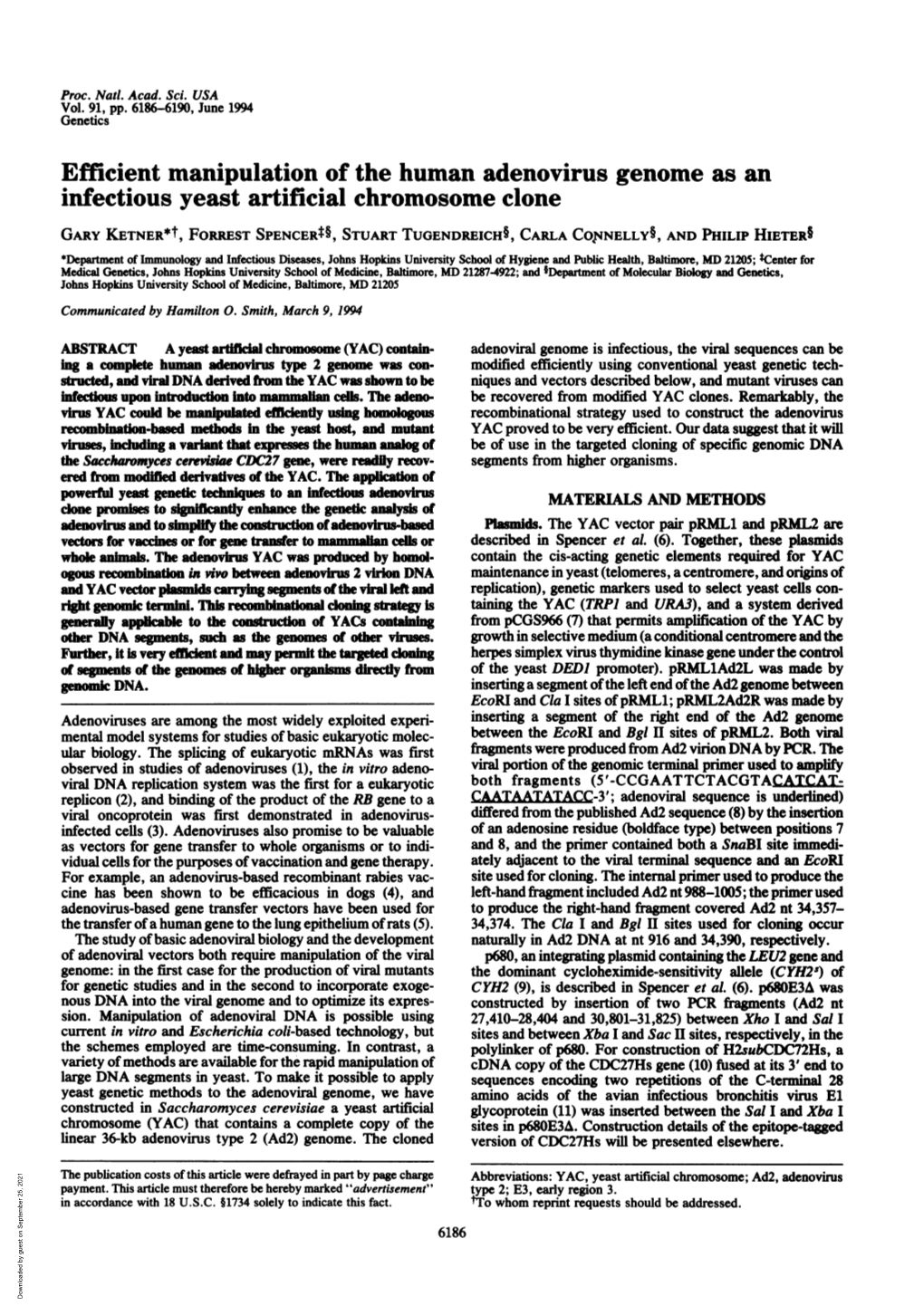 Efficient Manipulation of the Human Adenovirus Genome As an Infectious Yeast Artificial Chromosome Clone