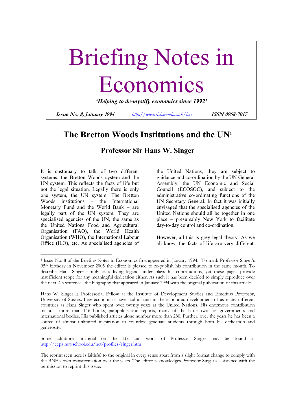 'The Bretton Woods Institutions and the UN'