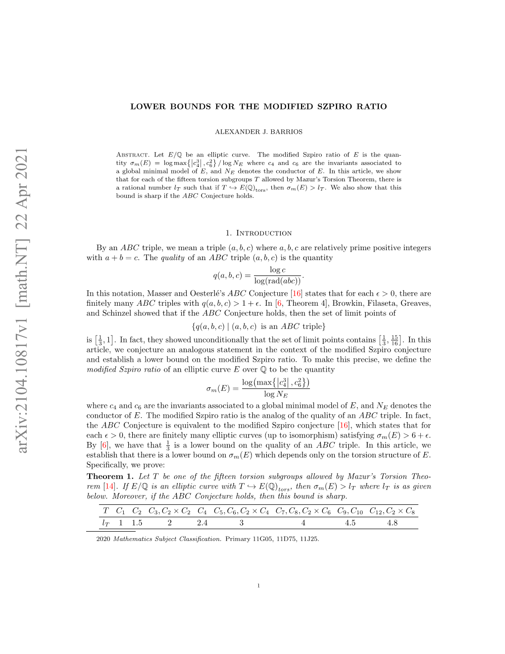 Arxiv:2104.10817V1 [Math.NT] 22 Apr 2021 the Odco of Conductor Eo.Mroe,I the If Moreover, Below