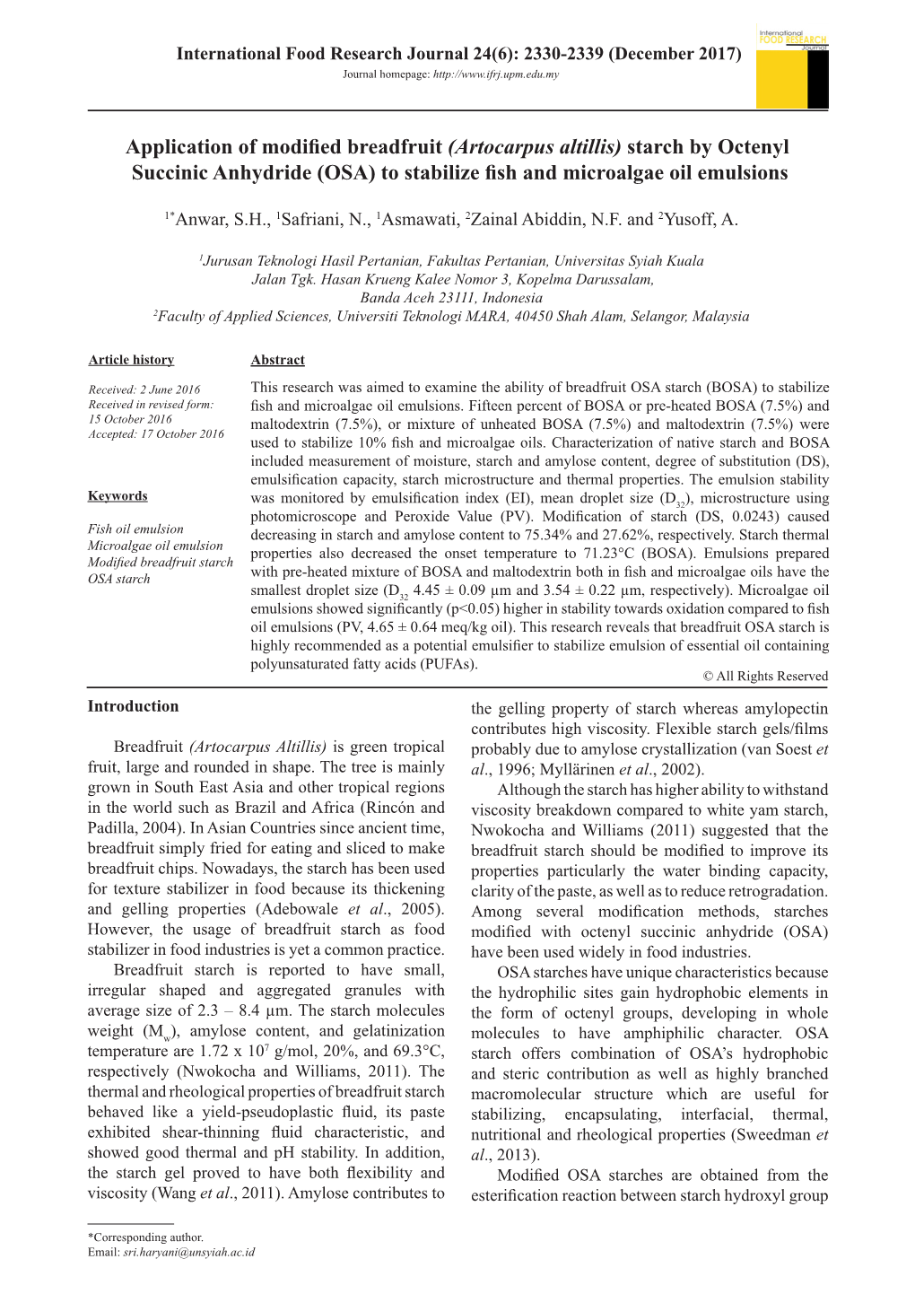 Starch by Octenyl Succinic Anhydride (OSA) to Stabilize Fish and Microalgae Oil Emulsions