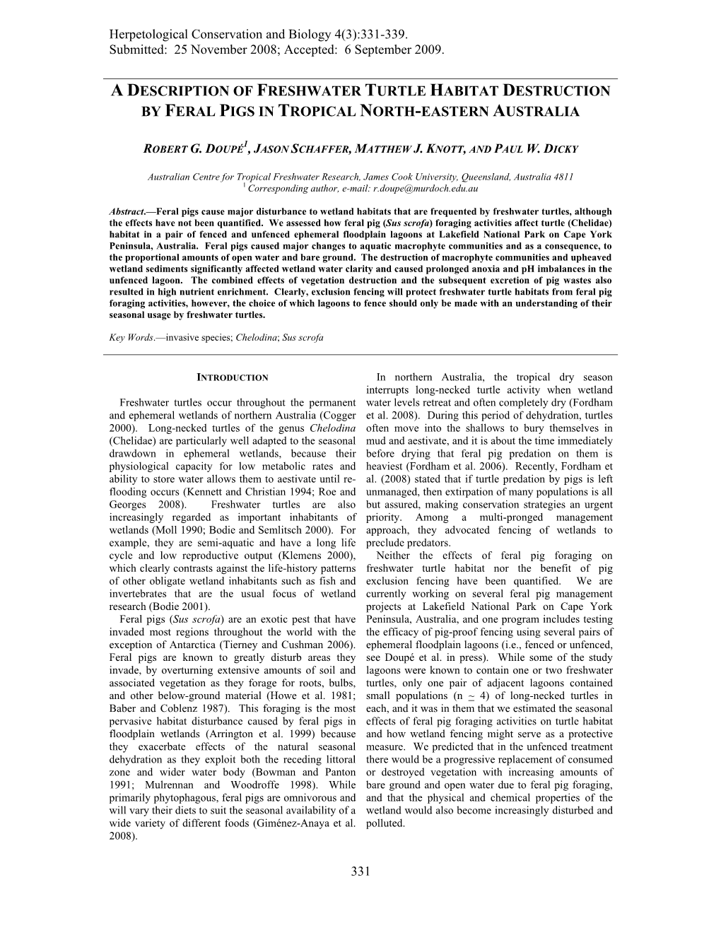 A Description of Freshwater Turtle Habitat Destruction by Feral Pigs in Tropical North-Eastern Australia