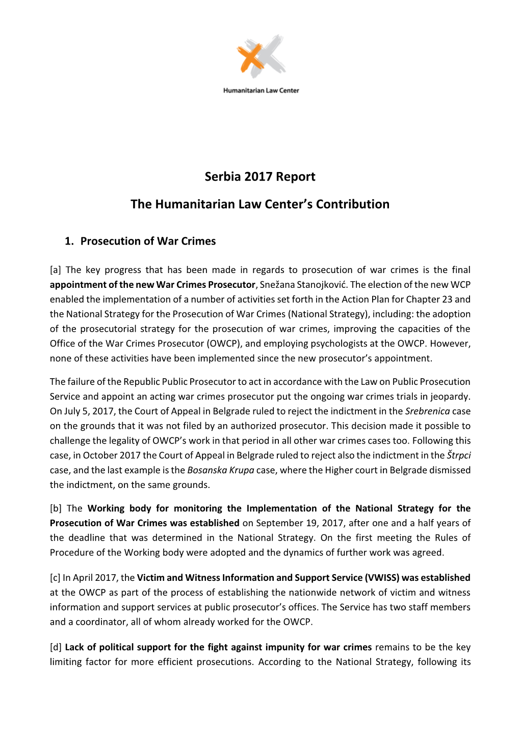 Serbia 2017 Report the Humanitarian Law Center's Contribution