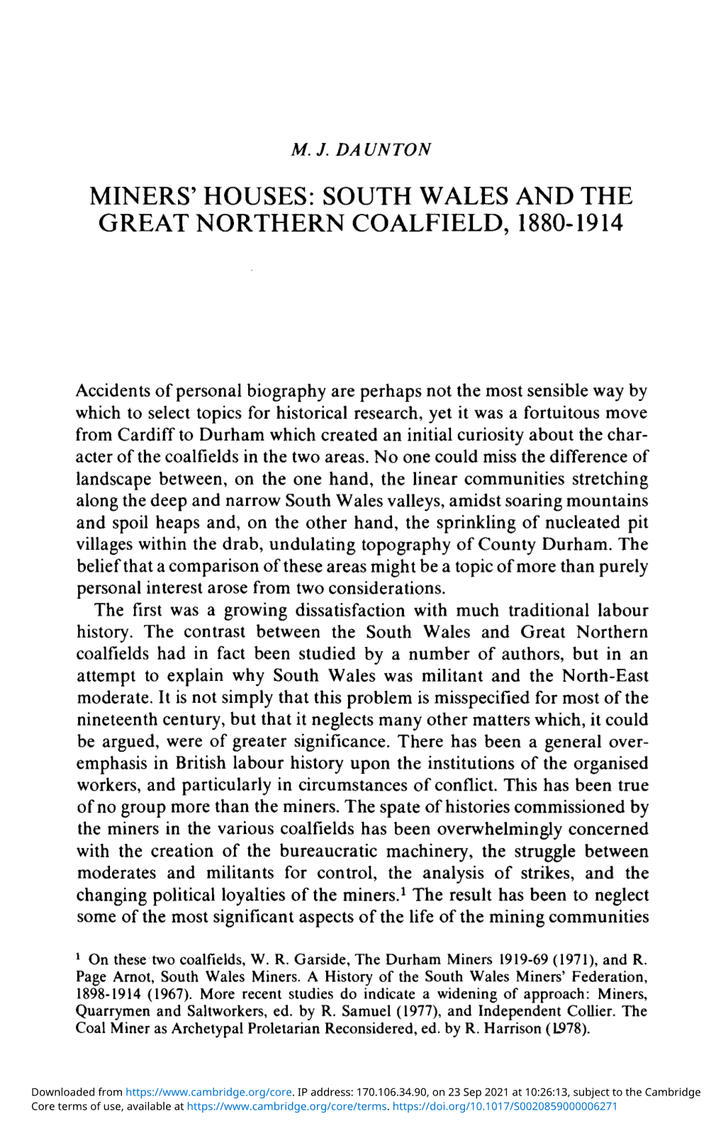 Miners' Houses: South Wales and the Great Northern Coalfield, 1880–1914