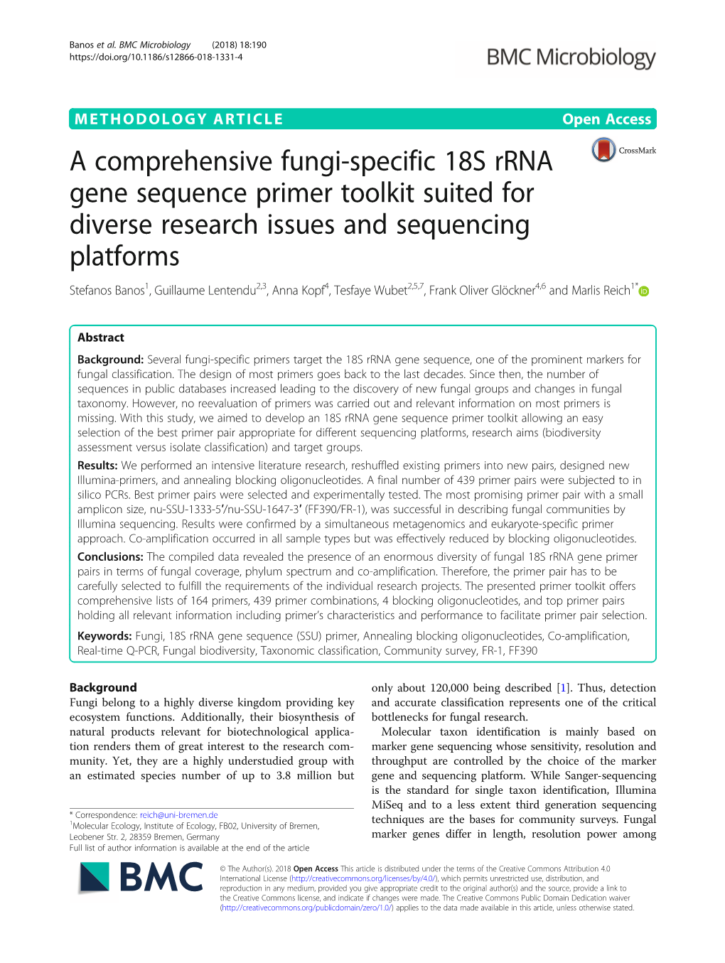 A Comprehensive Fungi-Specific 18S Rrna Gene Sequence Primer Toolkit