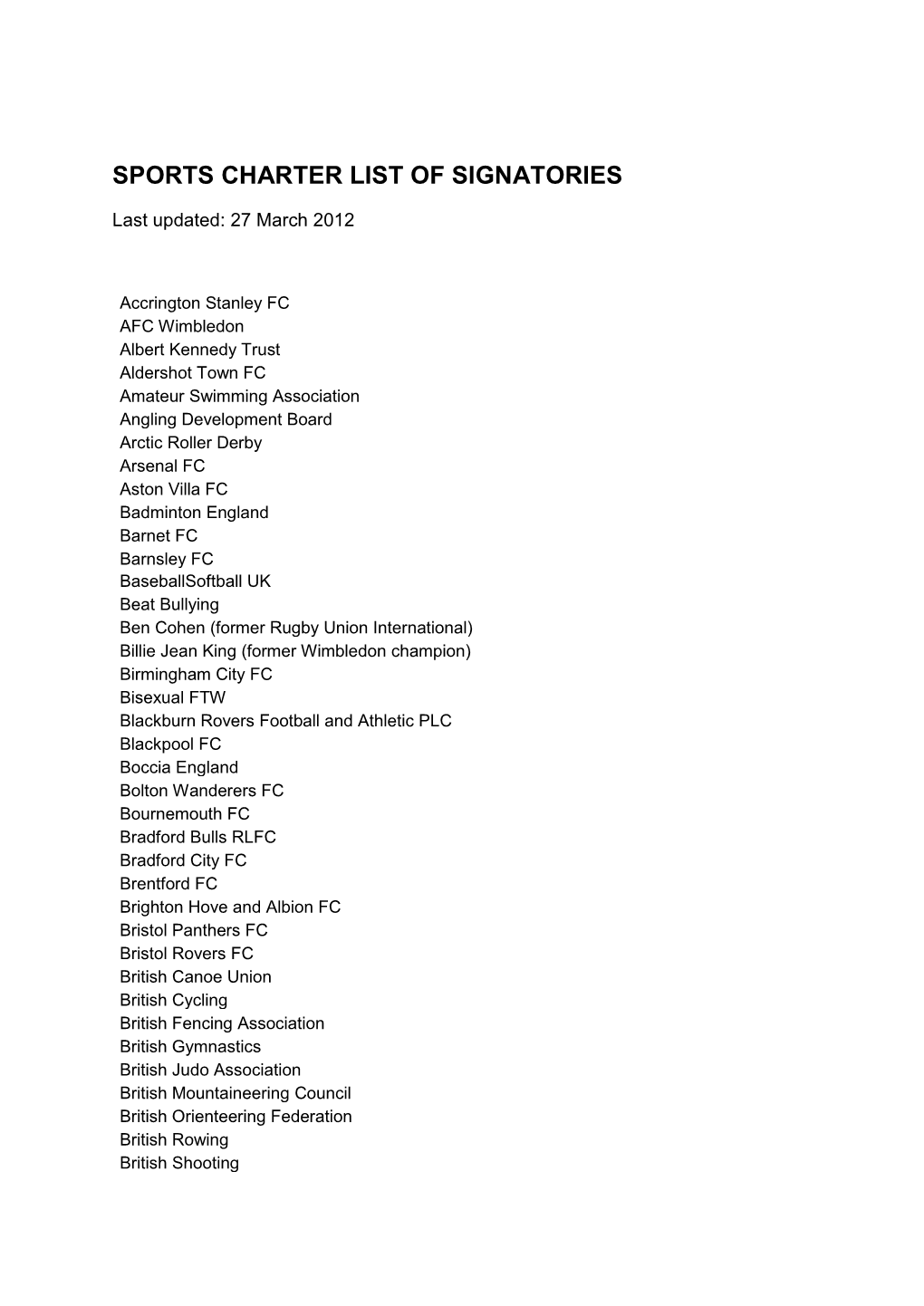 Sports Charter List of Signatories