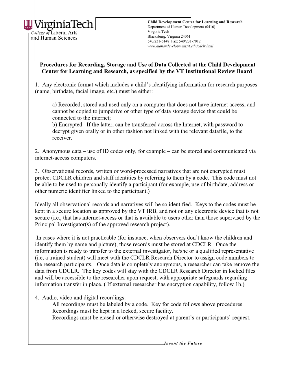 Procedures for Recording, Storage and Use of Data Collected at the Child Development Center