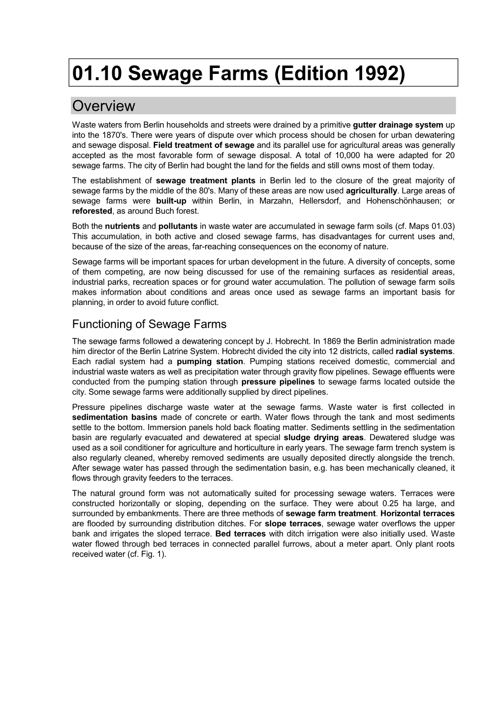 01.10 Sewage Farms (Edition 1992) Overview Waste Waters from Berlin Households and Streets Were Drained by a Primitive Gutter Drainage System up Into the 1870'S