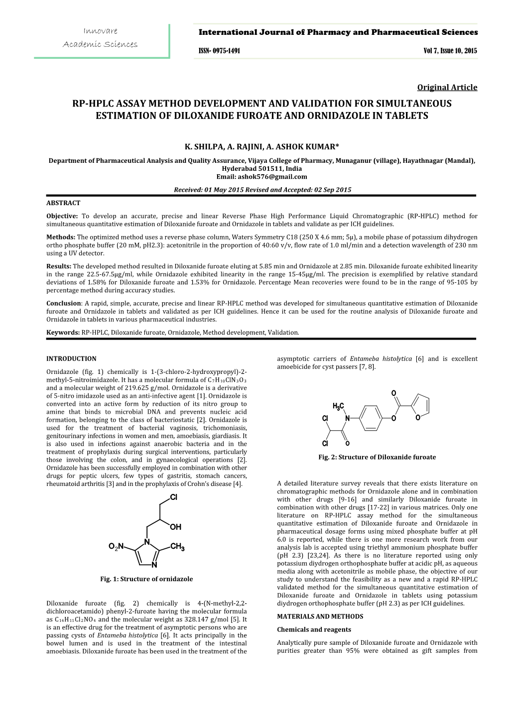 Rp-Hplc Assay Method Development and Validation for Simultaneous Estimation of Diloxanide Furoate and Ornidazole in Tablets