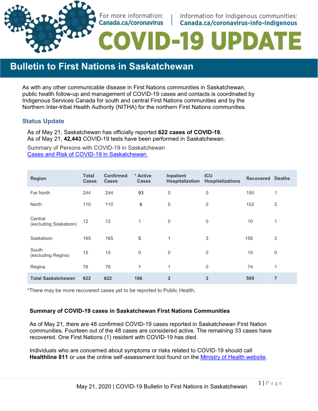 Bulletin to First Nations in Saskatchewan