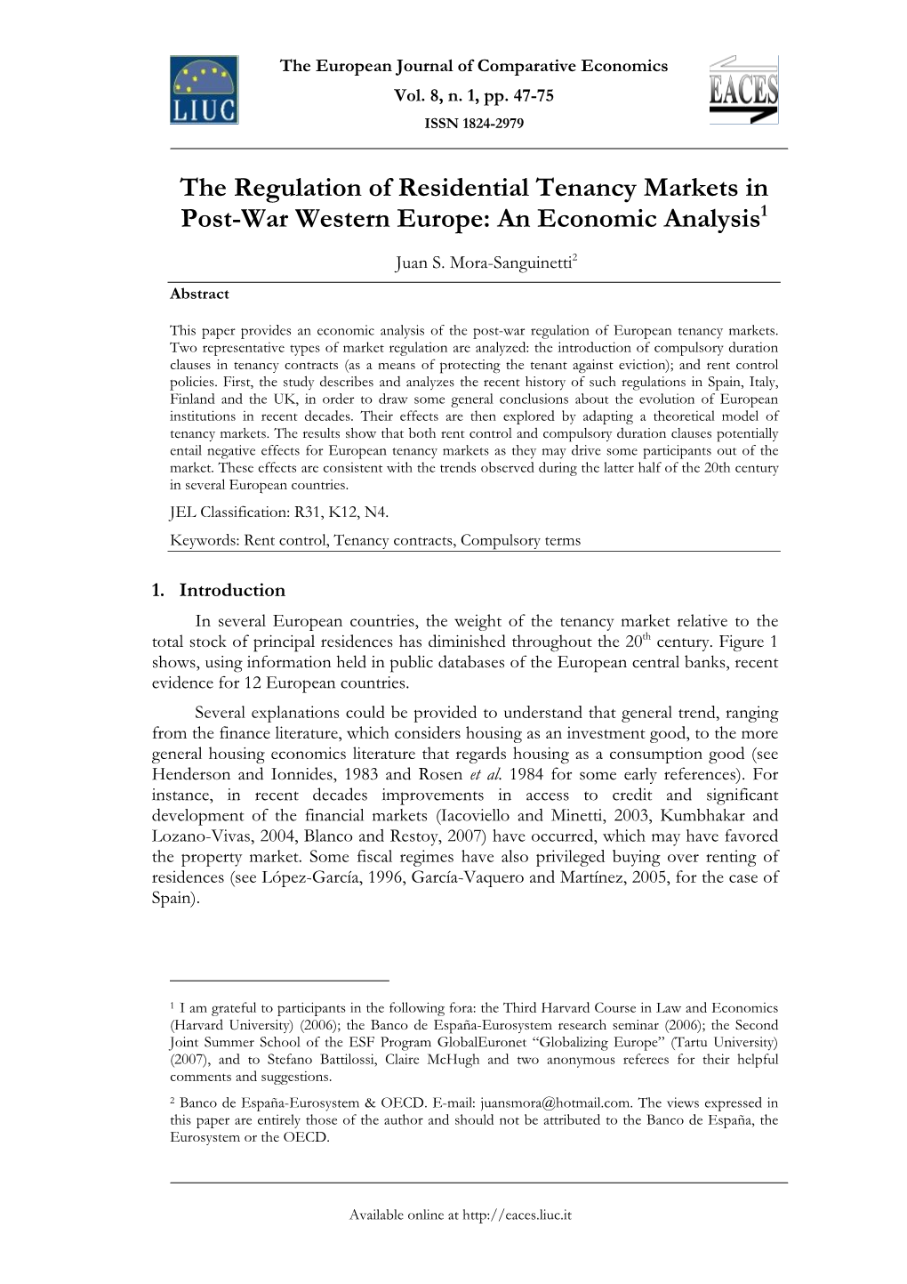The Regulation of Residential Tenancy Markets in Post-War Western Europe: an Economic Analysis1