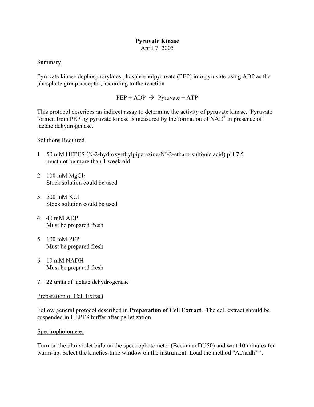 Pyruvate Kinase April 7, 2005