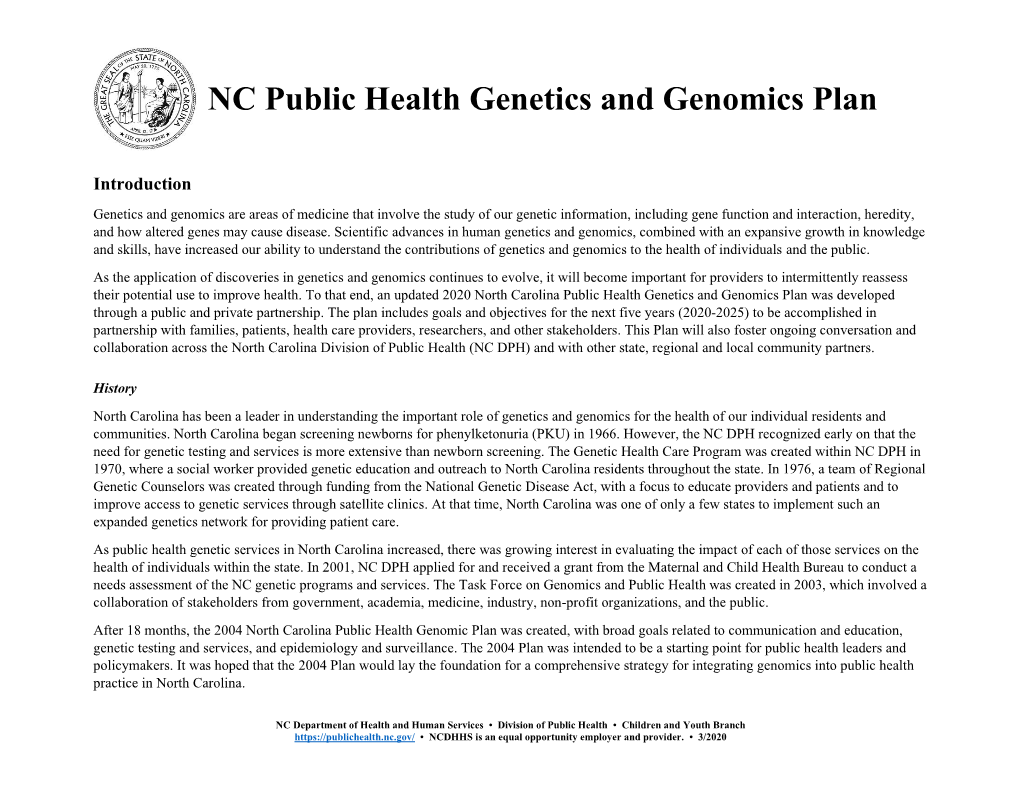 NC Public Health Genetics and Genomics Plan