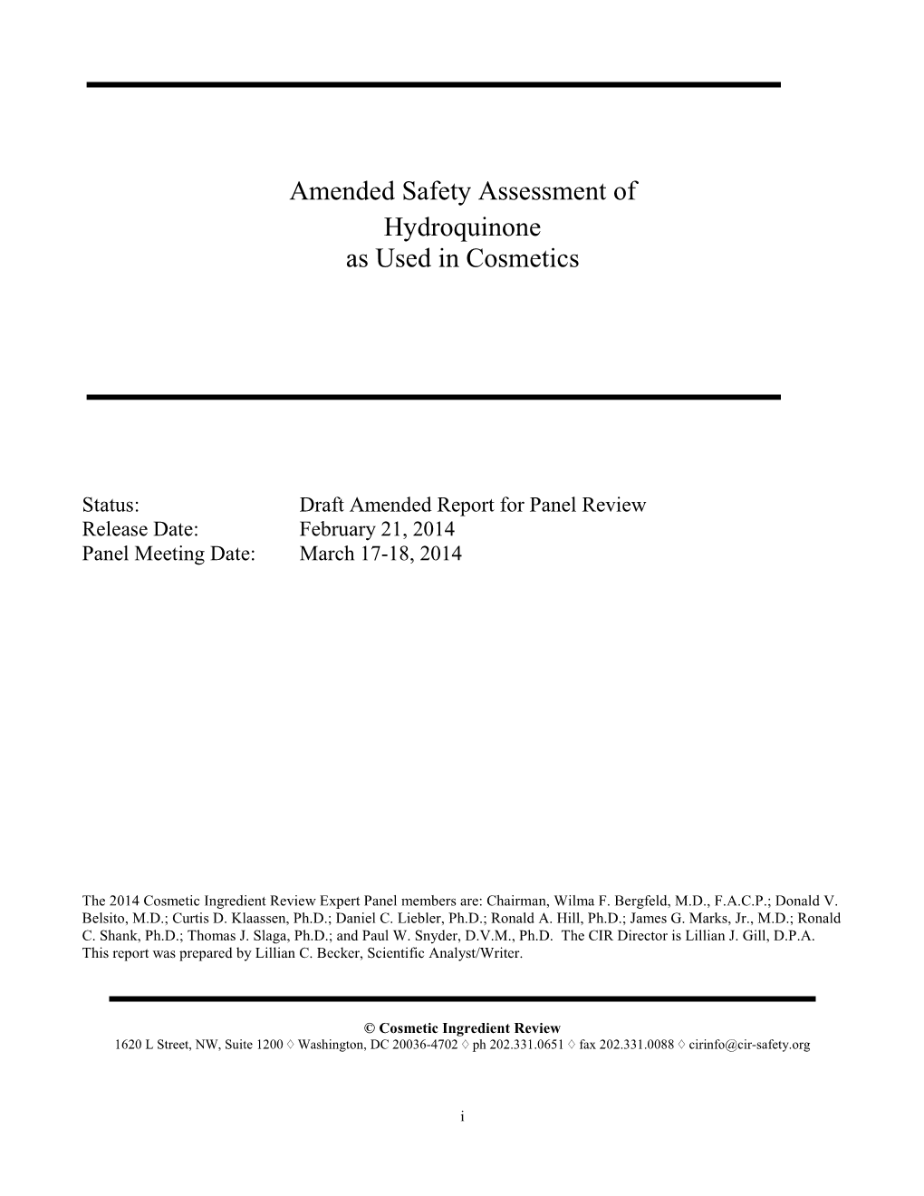 Amended Safety Assessment of Hydroquinone As Used in Cosmetics