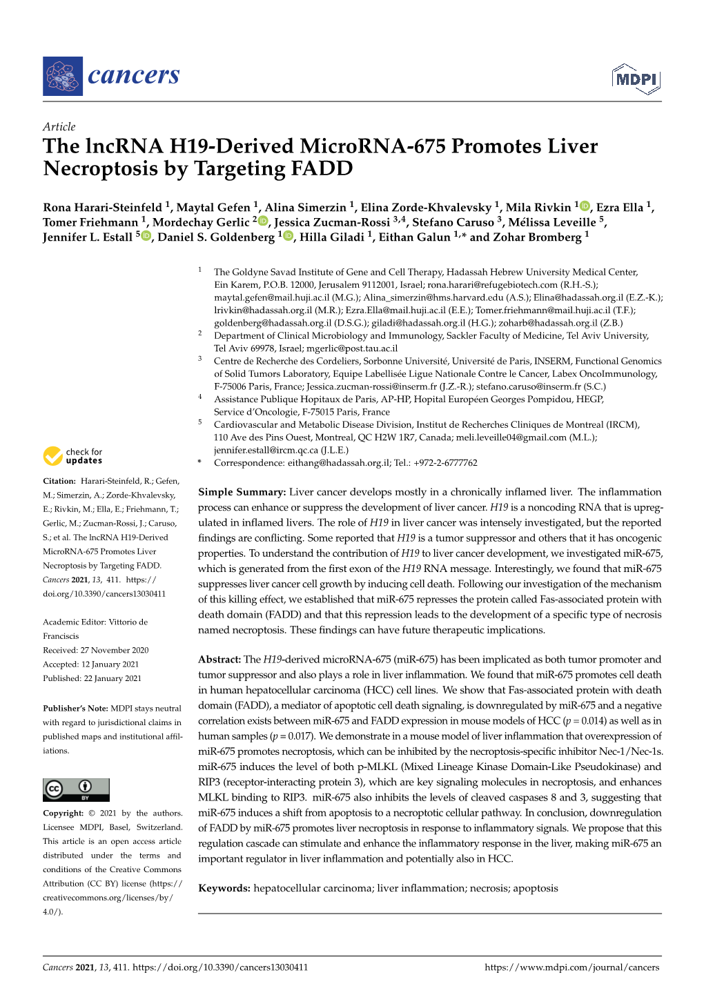 The Lncrna H19-Derived Microrna-675 Promotes Liver Necroptosis by Targeting FADD