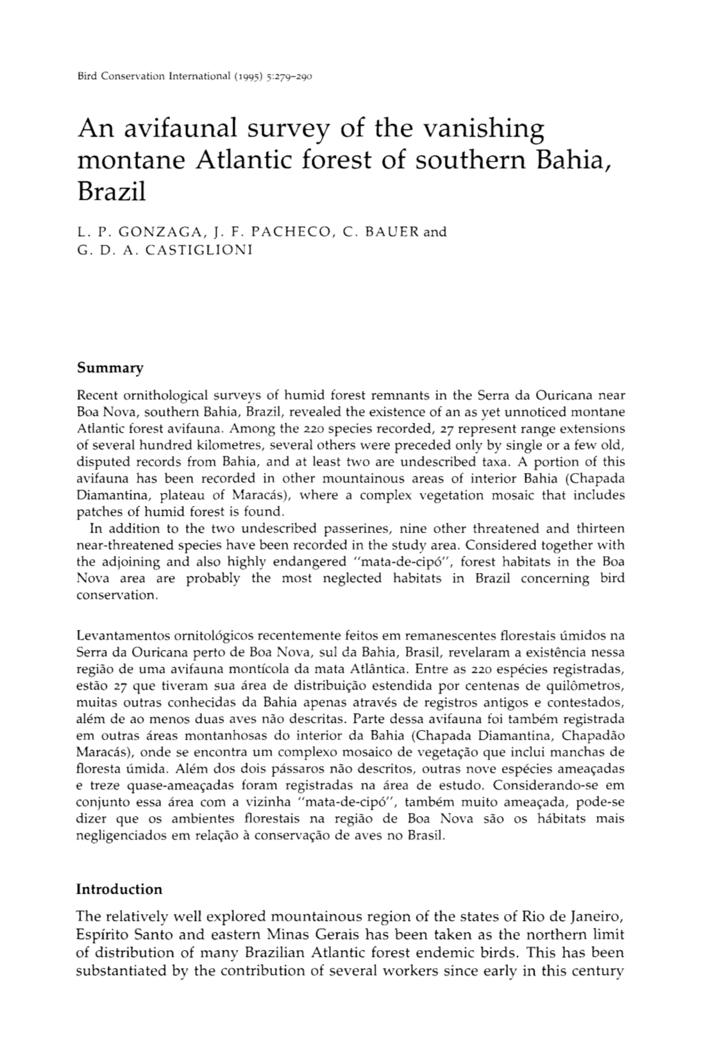 An Avifaunal Survey of the Vanishing Montane Atlantic Forest of Southern Bahia, Brazil