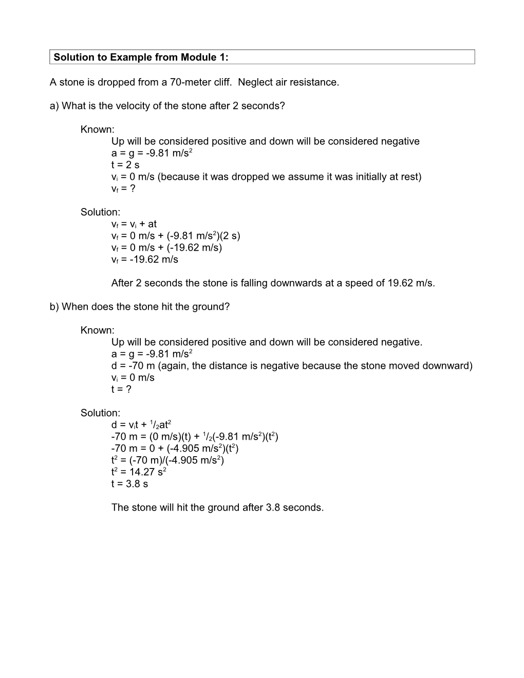 Solution to Example from Module 1