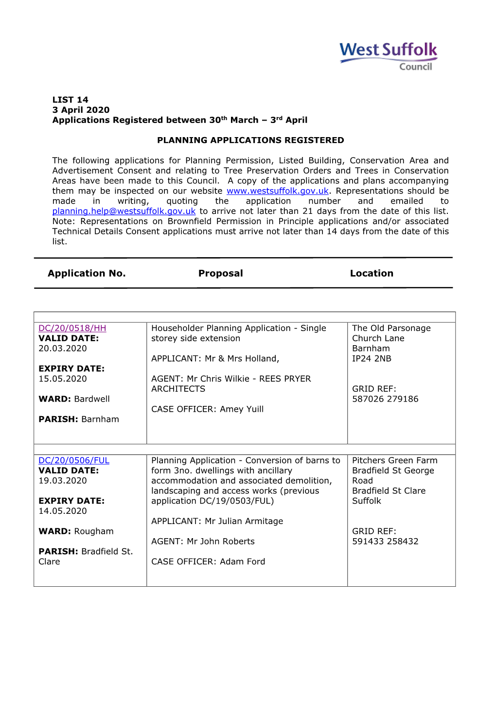 WSC Planning Applications 14/20