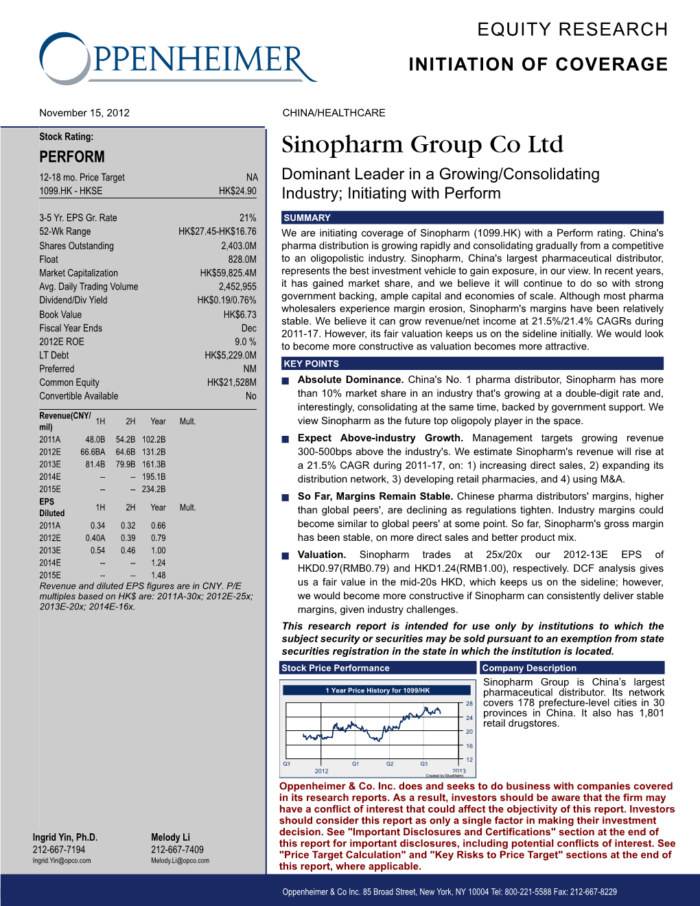 Sinopharm Group Co Ltd PERFORM 12-18 Mo