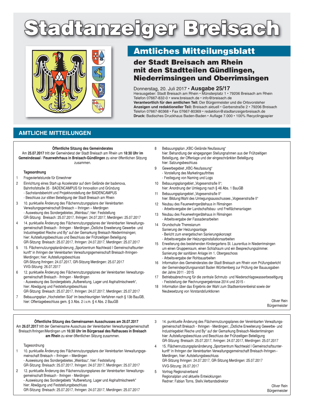 Stadtanzeiger Breisach Amtliches Mitteilungsblatt Der Stadt Breisach Am Rhein Mit Den Stadtteilen Gündlingen, Niederrimsingen Und Oberrimsingen Donnerstag, 20