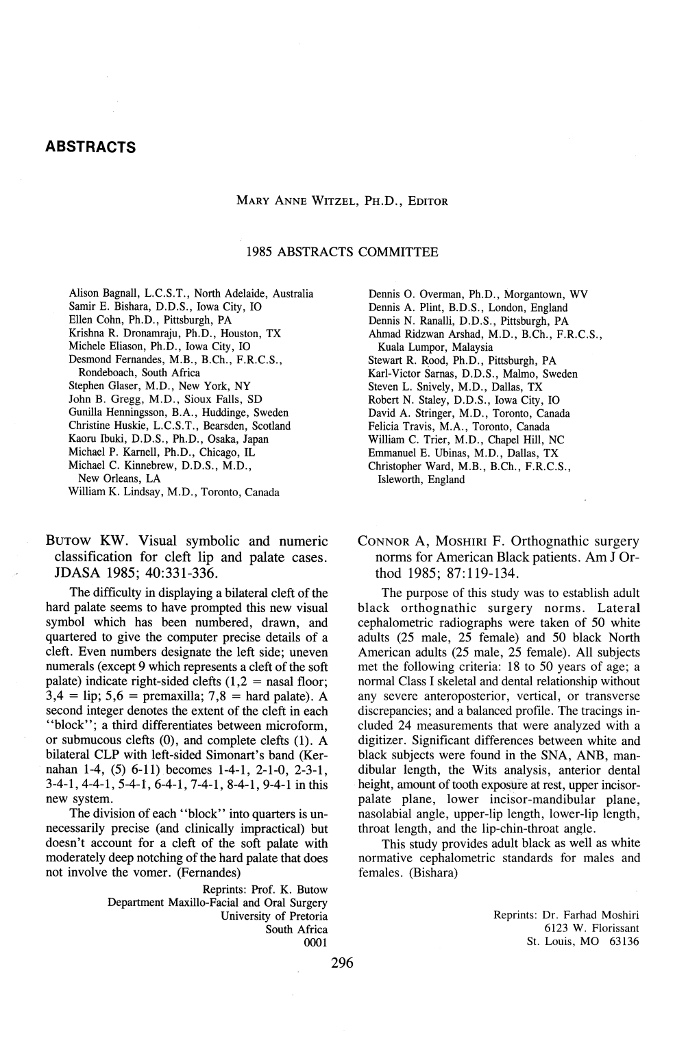 ABSTRACTS Mary Anne WITZEL, PH.D., EDITOR ©1985