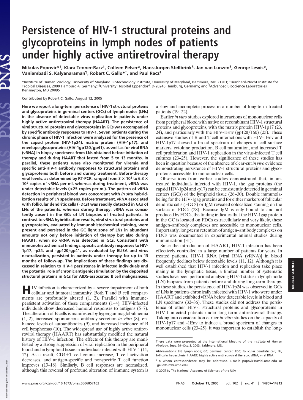 Persistence of HIV-1 Structural Proteins and Glycoproteins in Lymph Nodes of Patients Under Highly Active Antiretroviral Therapy