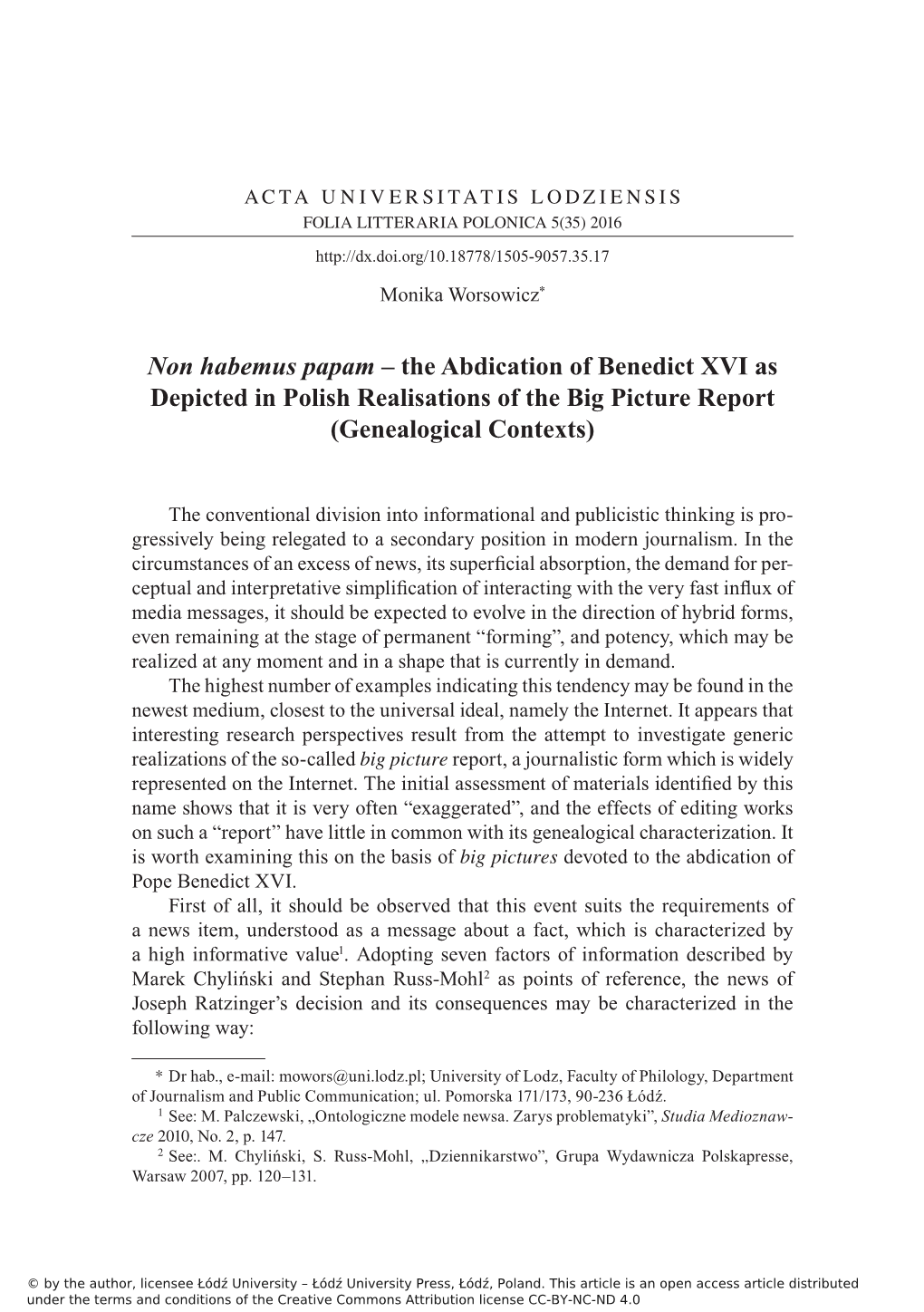 Non Habemus Papam – the Abdication of Benedict XVI As Depicted in Polish Realisations of the Big Picture Report (Genealogical Contexts)