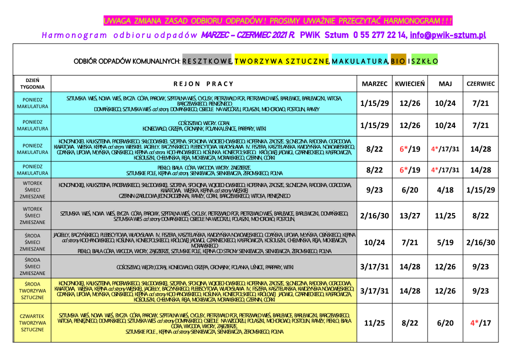 Uwaga Zmiana Zasad Odbioru Odpadów ! Prosimy Uważnie Przeczytać Harmonogram ! ! !