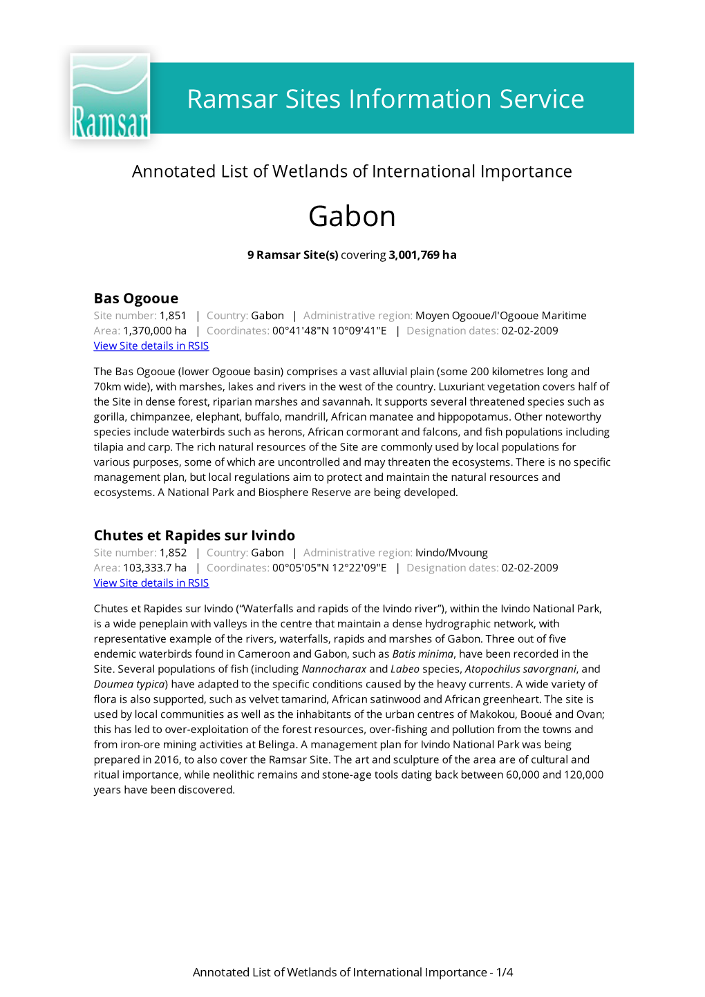 Annotated List of Wetlands of International Importance Gabon