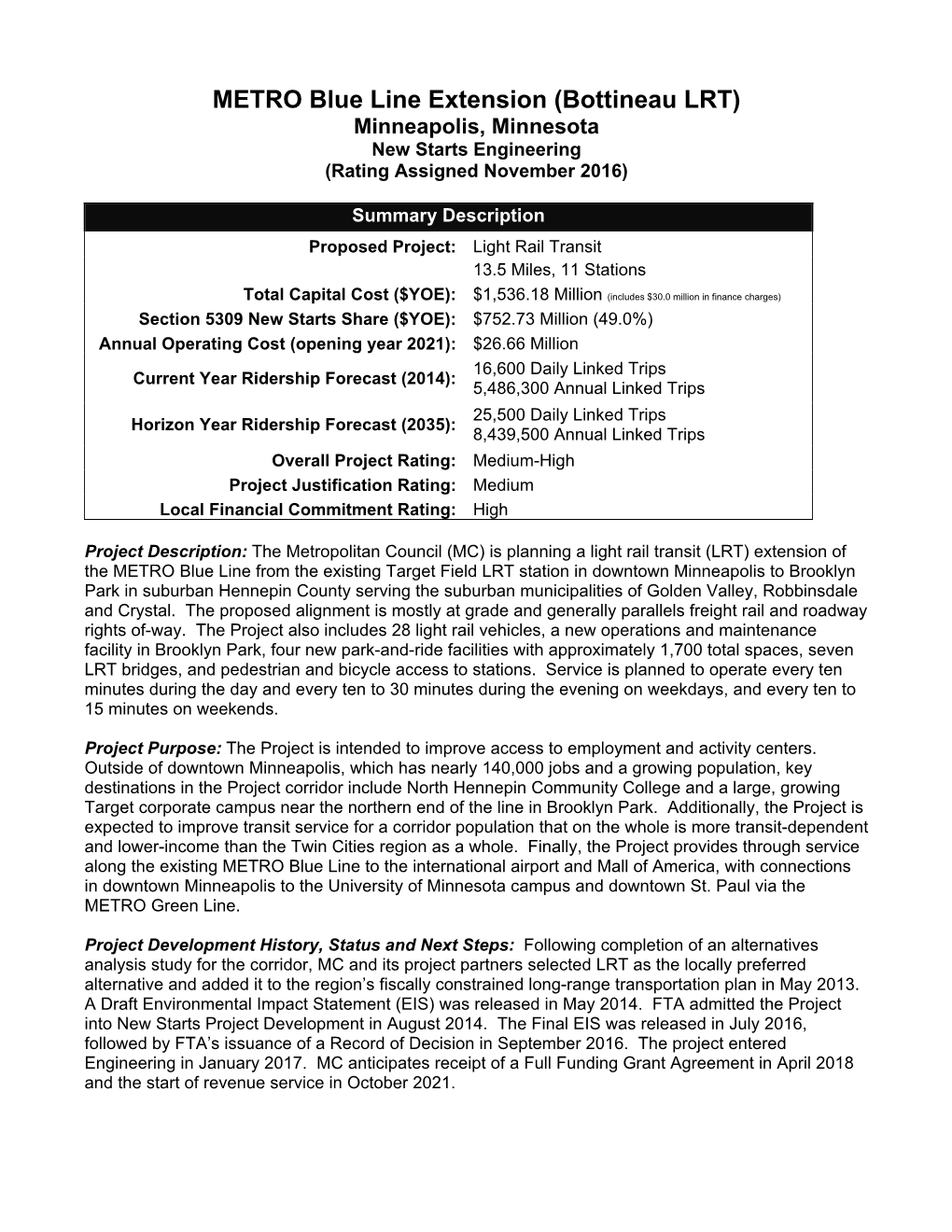 MN Minneapolis METRO Blue Line Extension Engineering Profile