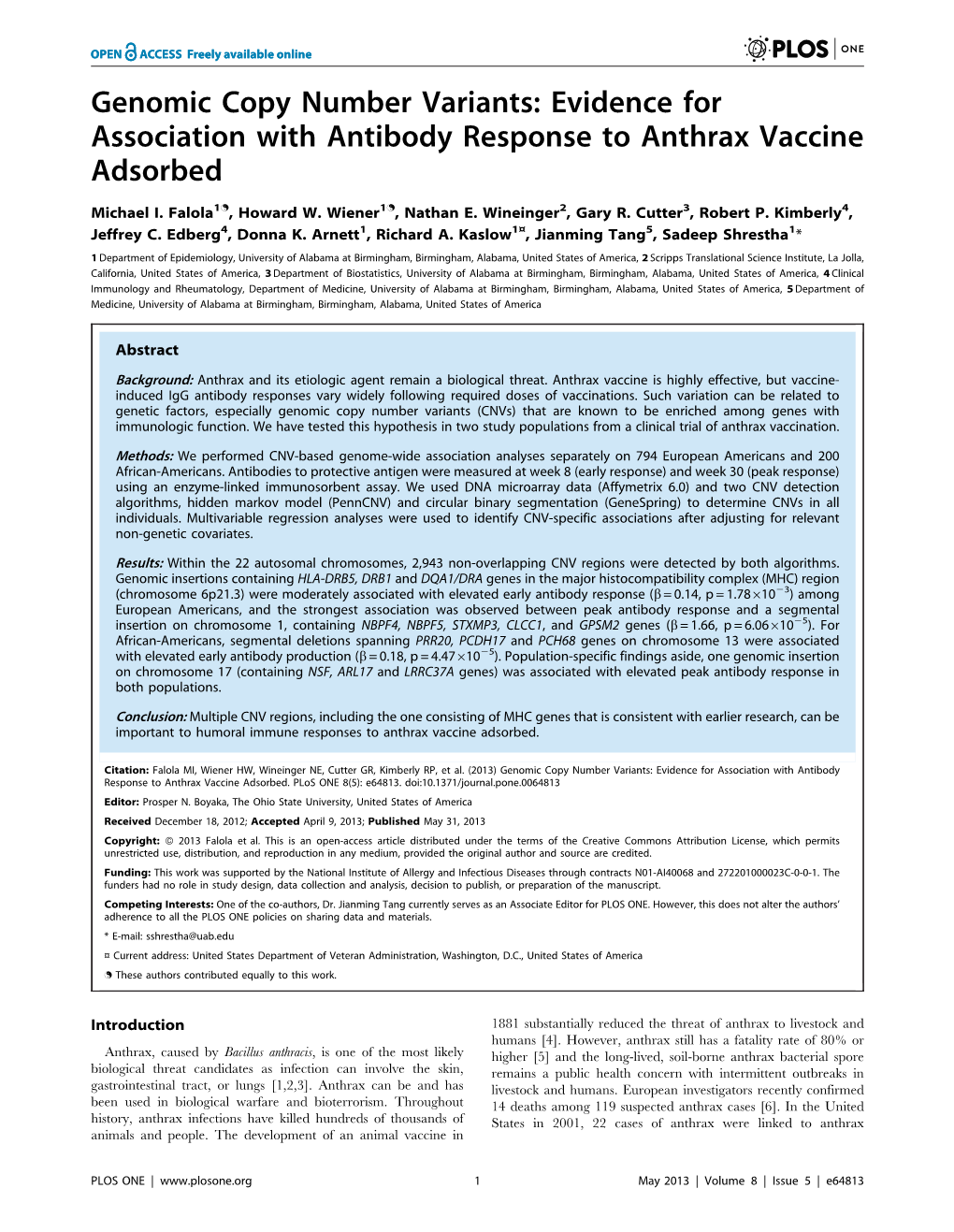 Evidence for Association with Antibody Response to Anthrax Vaccine Adsorbed