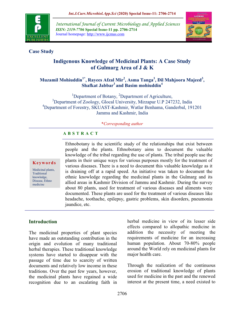 Indigenous Knowledge of Medicinal Plants: a Case Study of Gulmarg Area of J & K