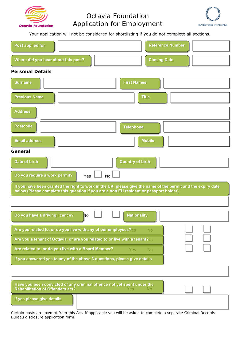 Octavia Housing and Care Application for Employment Form