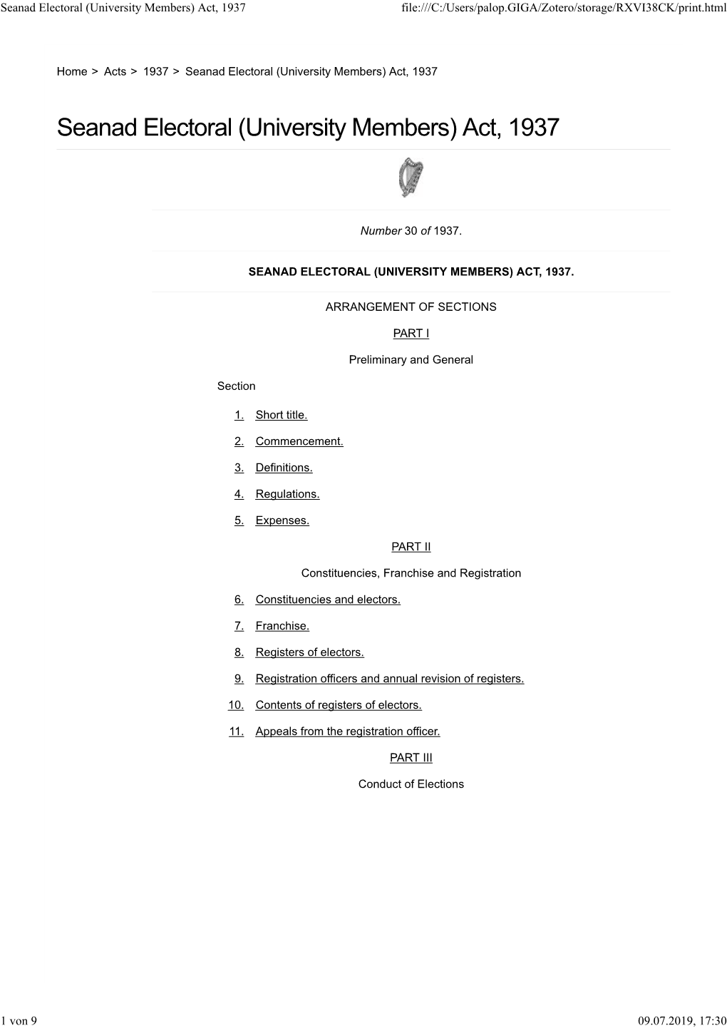 Seanad Electoral (University Members) Act, 1937 File:///C:/Users/Palop.GIGA/Zotero/Storage/RXVI38CK/Print.Html