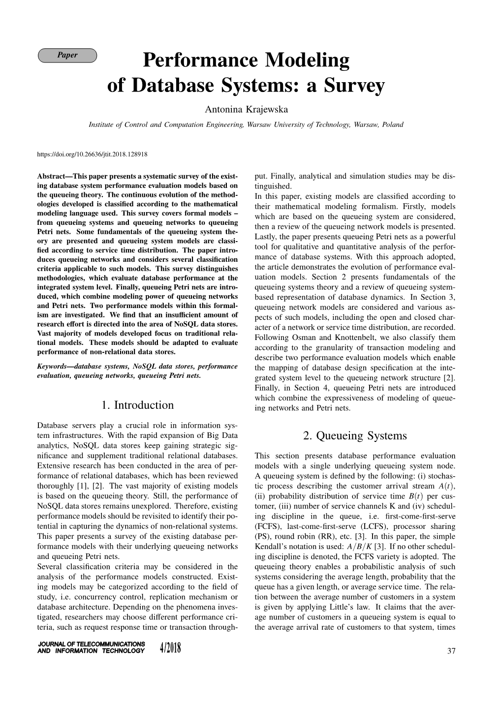 Performance Modeling of Database Systems: a Survey