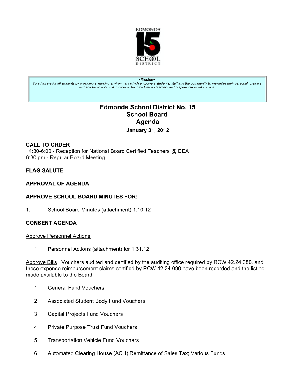 Edmonds School District No. 15 School Board Agenda January 31, 2012
